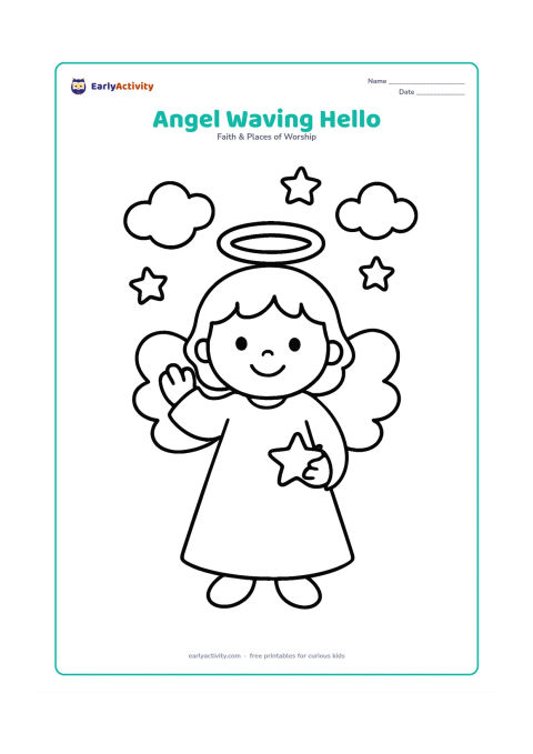 Colouring page: A happy angel stands and waves with one hand while holding a small star in the other. Add two puffy clouds and three round stars in the background.