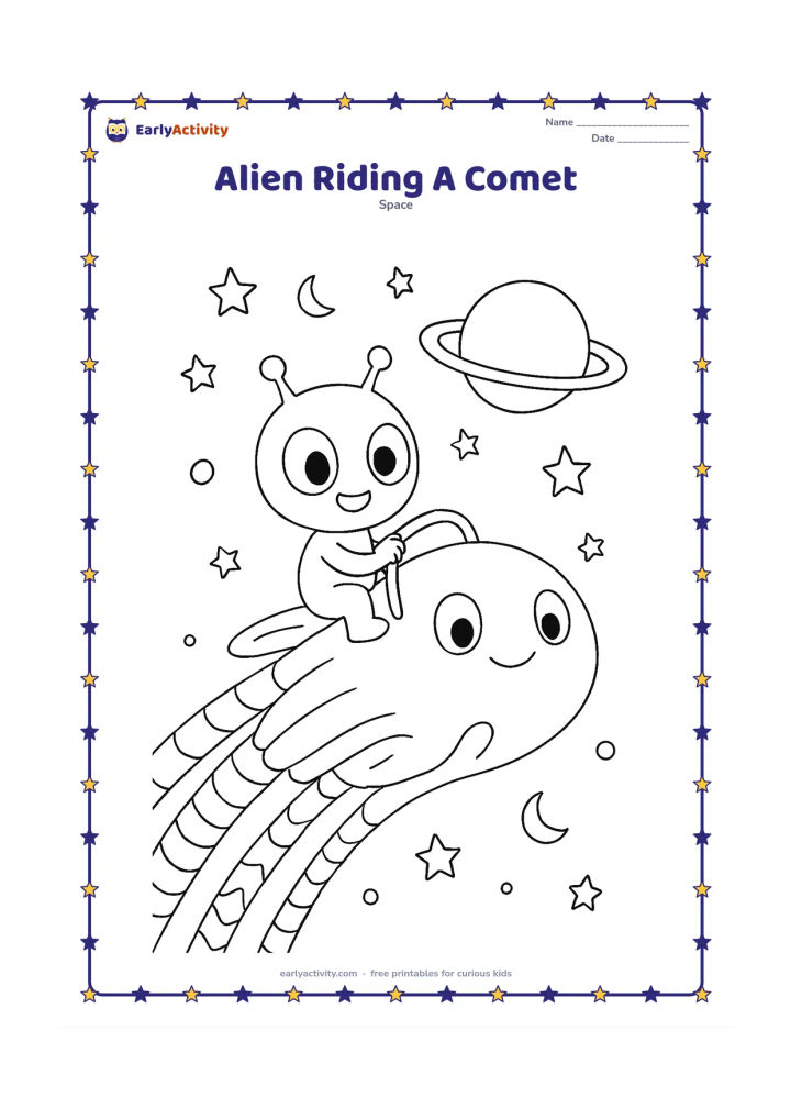 Colouring page: Draw a happy alien riding on the rounded head of a friendly comet, holding a curved handle as it travels past a ringed planet. Add stars, small moons, and a sweeping comet tail.