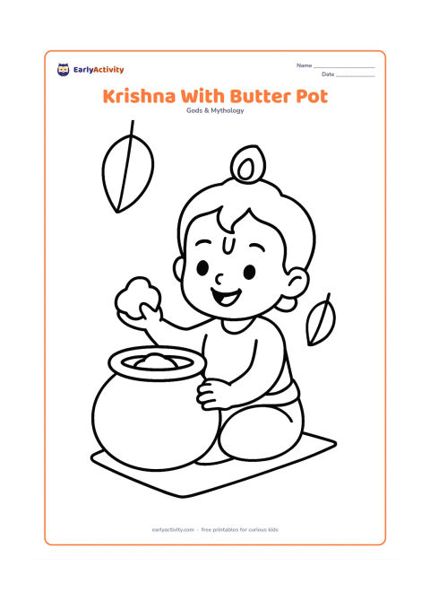 Colouring page: Draw smiling child Krishna beside a large round butter pot, holding a small lump of butter. Add a short cloth mat and two simple hanging leaves above him.