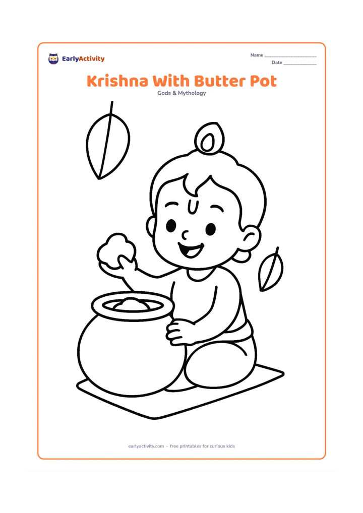 Colouring page: Draw smiling child Krishna beside a large round butter pot, holding a small lump of butter. Add a short cloth mat and two simple hanging leaves above him.