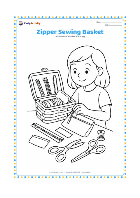 Colouring page: Draw a sewing basket open on a table with several large zipper samples, fabric pieces, thread spools and safe craft scissors. Show a child fastening one zipper on a small pouch beside…