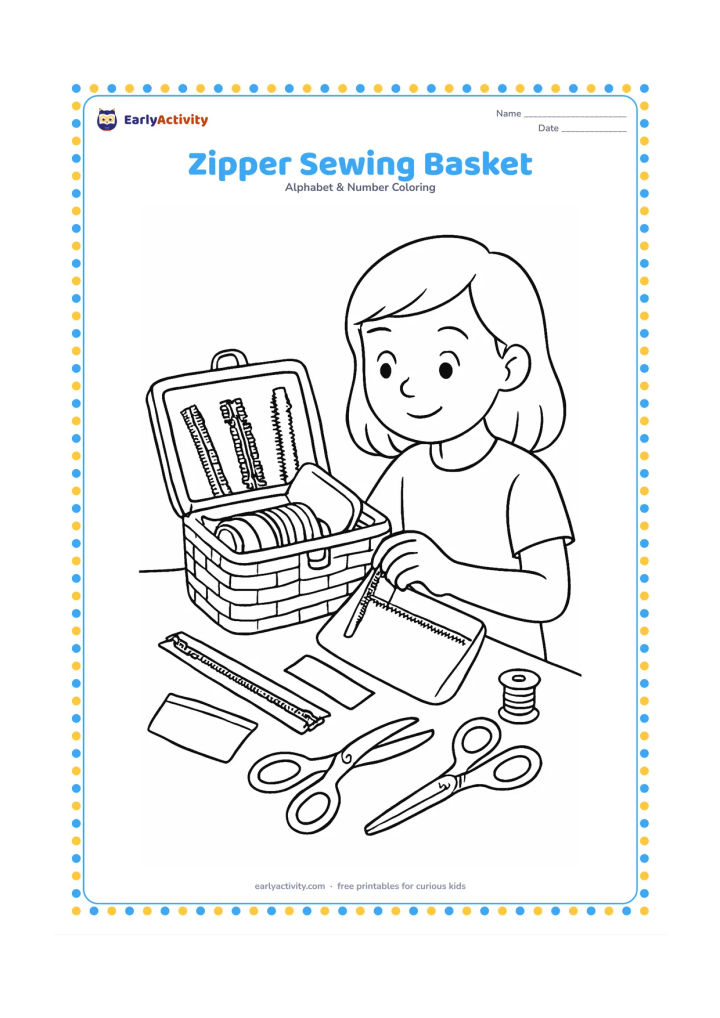 Colouring page: Draw a sewing basket open on a table with several large zipper samples, fabric pieces, thread spools and safe craft scissors. Show a child fastening one zipper on a small pouch beside…