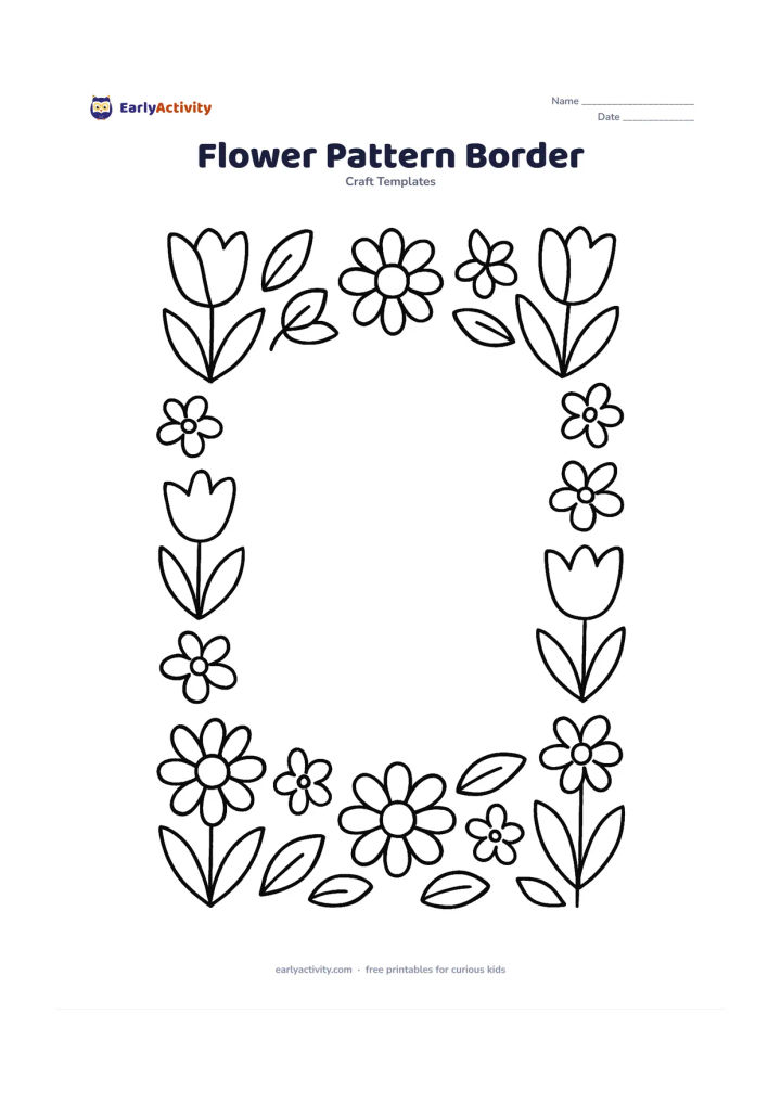 Worksheet: A wide repeating border built from alternating tulips, daisies, leaves and small five-petal flowers, with a blank open centre for a child's collage or card design. Keep the pattern…