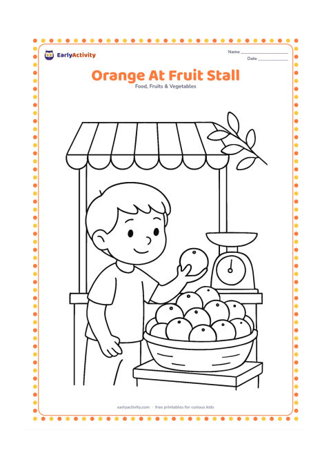 Colouring page: Draw a child choosing an orange from a street fruit stall with a low basket piled with oranges. Include a simple awning, weighing scale and a few leafy branches, but no signs or writing.