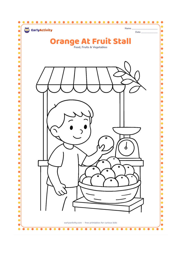 Colouring page: Draw a child choosing an orange from a street fruit stall with a low basket piled with oranges. Include a simple awning, weighing scale and a few leafy branches, but no signs or writing.