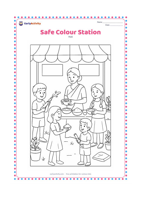 Colouring page: Children take turns at a supervised outdoor colour station where an adult offers gulal bowls and clean water. Include towels, covered snacks, pichkaris, potted plants and a shaded canopy…