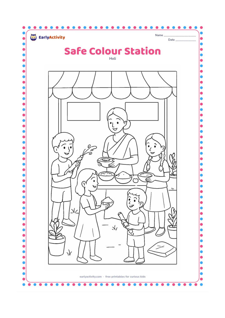 Colouring page: Children take turns at a supervised outdoor colour station where an adult offers gulal bowls and clean water. Include towels, covered snacks, pichkaris, potted plants and a shaded canopy…