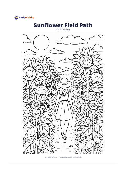 Colouring page: A person walking along a narrow path through a field of sunflowers under a bright daytime sky. Include varied flower faces, broad leaves, a simple fence, distant hills and drifting clouds.