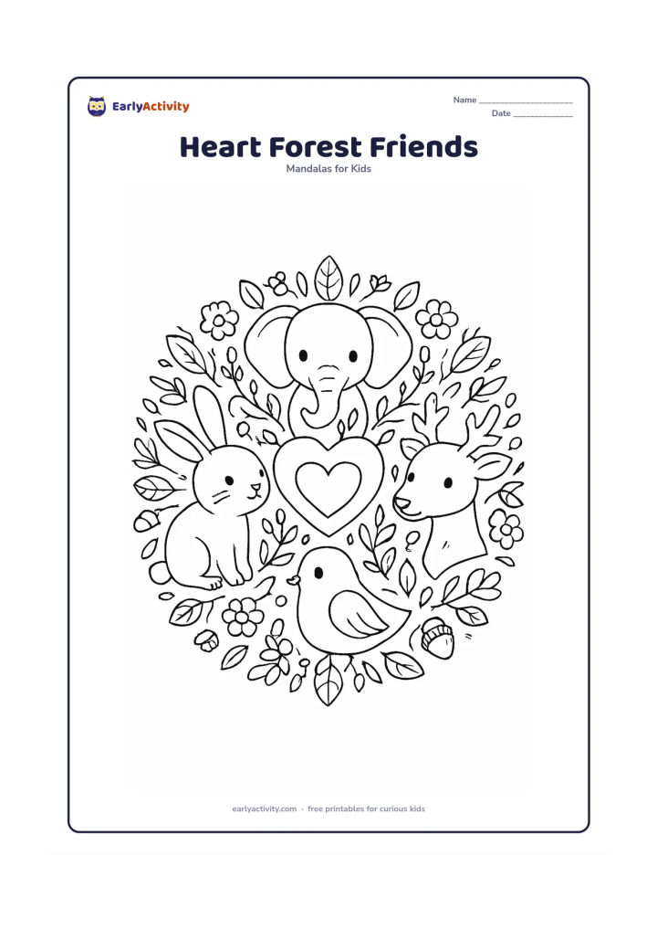 Colouring page: Draw a detailed woodland mandala with a central heart and repeating friendly animals such as an elephant, rabbit, deer, and bird, separated by leaves, acorns, and flowers. Arrange each…