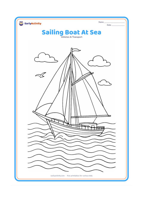 Colouring page: Draw a detailed sailing boat cutting through open sea with two sails, curved rigging, a raised bow, deck rails, and several layered waves. Add distant clouds and a small seabird near the…