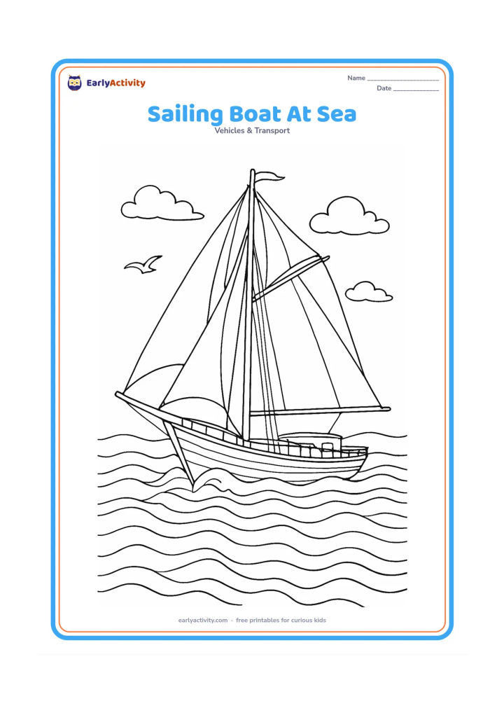 Colouring page: Draw a detailed sailing boat cutting through open sea with two sails, curved rigging, a raised bow, deck rails, and several layered waves. Add distant clouds and a small seabird near the…