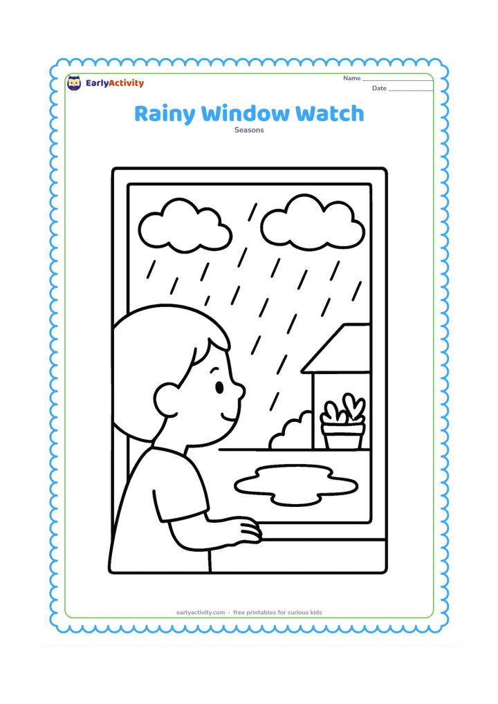 Colouring page: A young child looks out of a large home window at falling rain, fluffy clouds, roof plants, and a puddle outside. Place the child indoors on one side and the rain-washed view clearly…