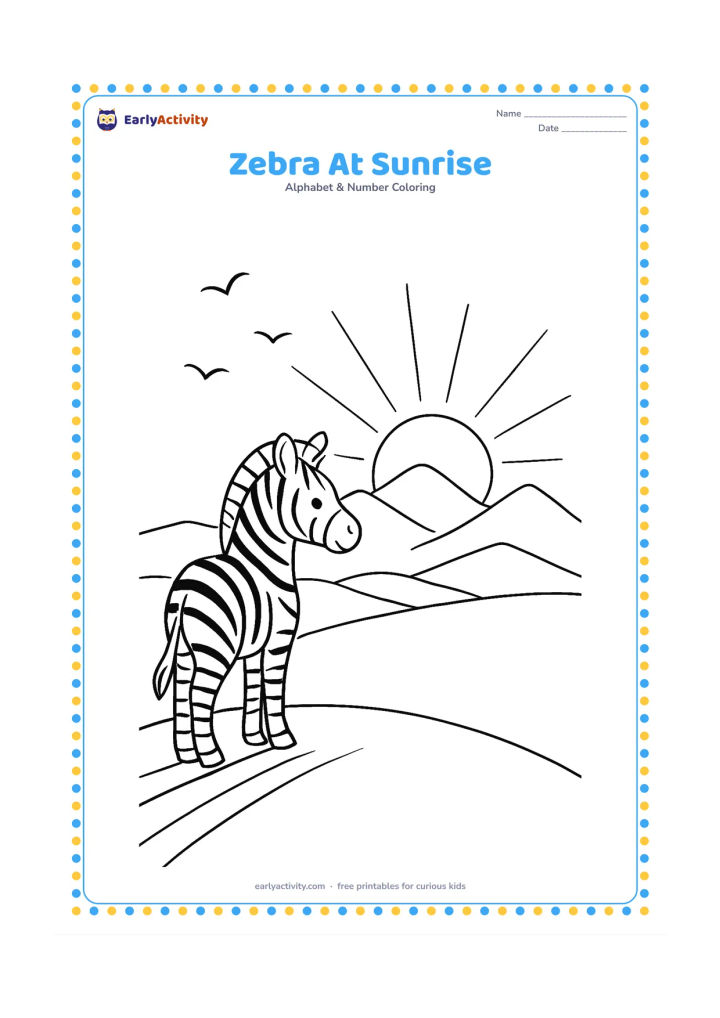 Colouring page: Draw a zebra standing on a hill as the sun rises behind distant mountains, with long soft shadows and a few birds in the sky. Show the zebra looking toward the warm morning scene.