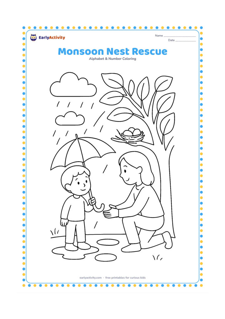 Colouring page: Draw a child carefully holding an umbrella beneath a tree while an adult places a fallen nest on a safe low branch. Include puddles, rain clouds, broad leaves, and a few rain streaks.