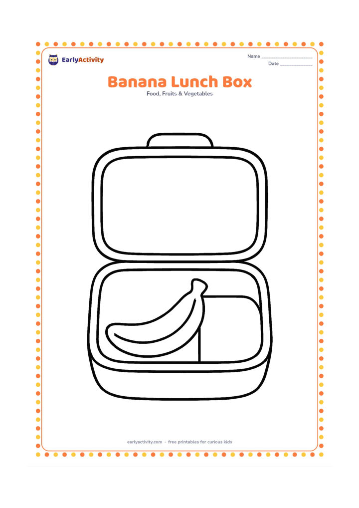 Colouring page: Draw a banana inside an open, plain lunch box with a simple lid behind it. Add one large compartment divider and no other foods.