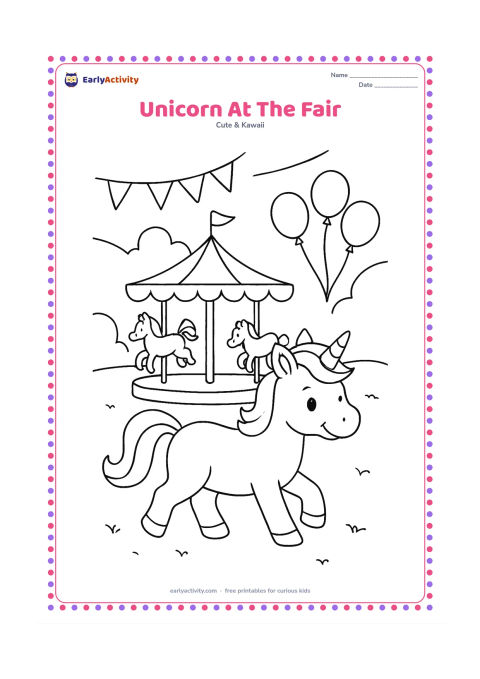 Colouring page: A cheerful unicorn walks through a friendly fairground beside a simple carousel, bunting shapes and three balloons. Keep the carousel animals and decorations generic, rounded and easy to…
