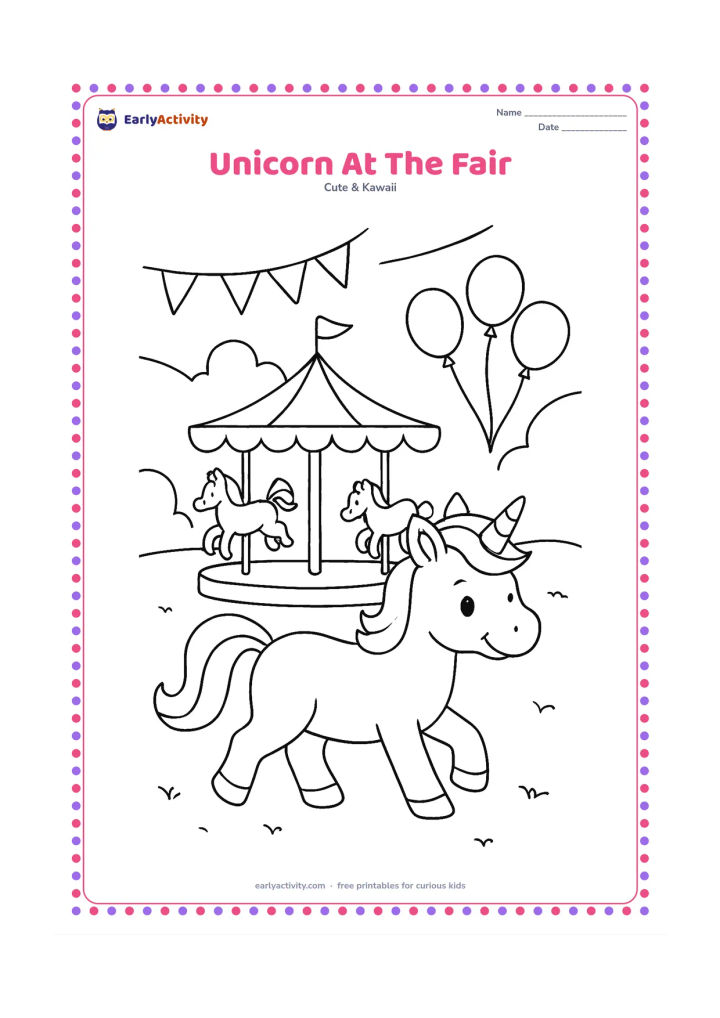 Colouring page: A cheerful unicorn walks through a friendly fairground beside a simple carousel, bunting shapes and three balloons. Keep the carousel animals and decorations generic, rounded and easy to…