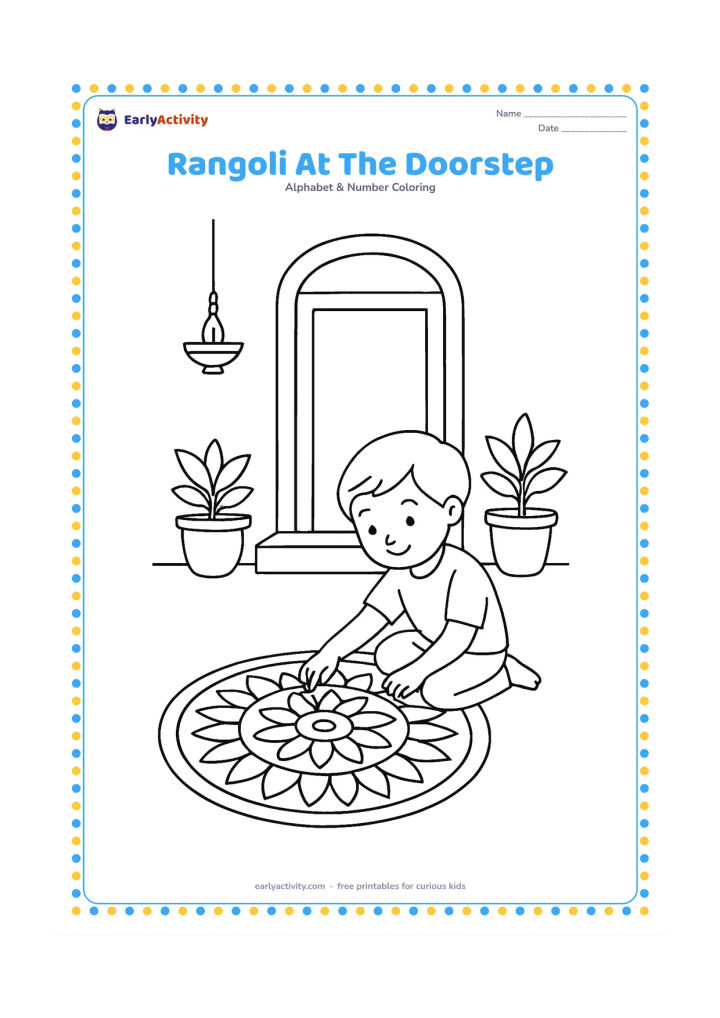Colouring page: Draw a child sitting beside a large circular rangoli outside an Indian home doorway, placing a simple petal shape into the design. Include a low threshold, two plant pots and a hanging…