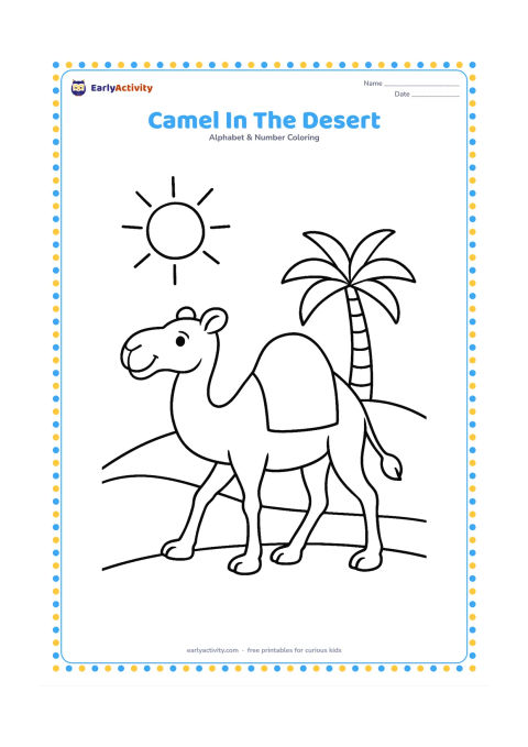 Colouring page: A smiling camel walks across a simple desert with one rounded dune, a small palm, and a sun. Show one large hump and a simple saddle blanket with no markings.