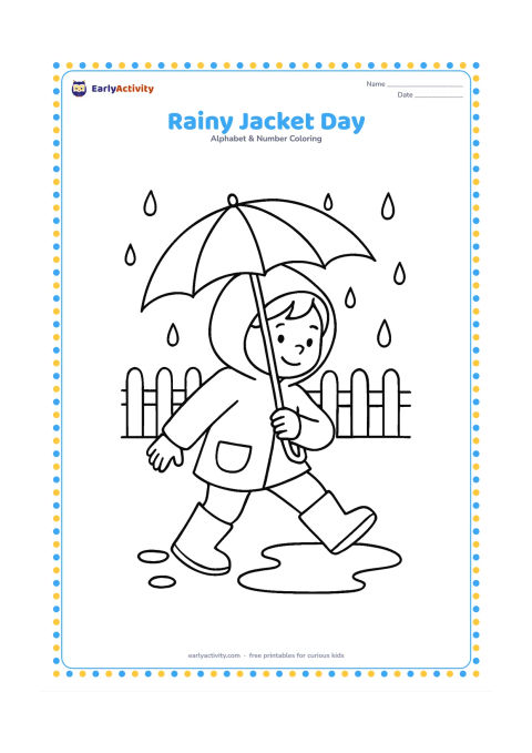 Colouring page: Draw a child wearing a hooded jacket and holding an umbrella while stepping over a small puddle. Add simple raindrops, a garden fence, and a pair of boots.