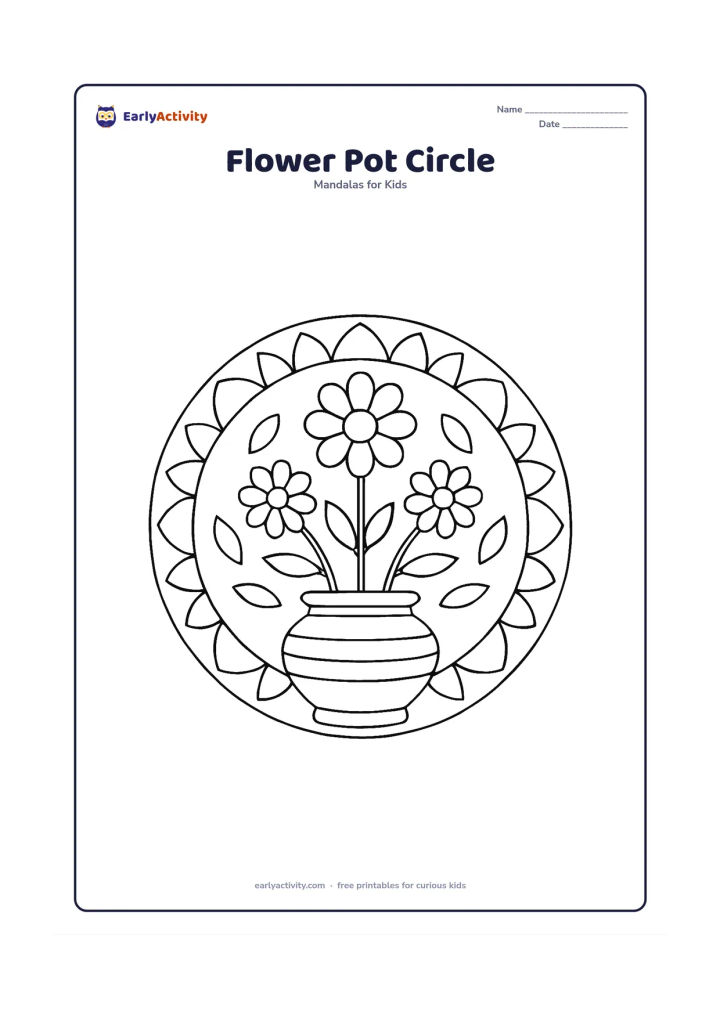 Colouring page: A circular mandala with three flowers growing from a simple Indian-style clay pot at the bottom, with leaves, buds and petal rings completing the circle. Add a few large decorative bands…