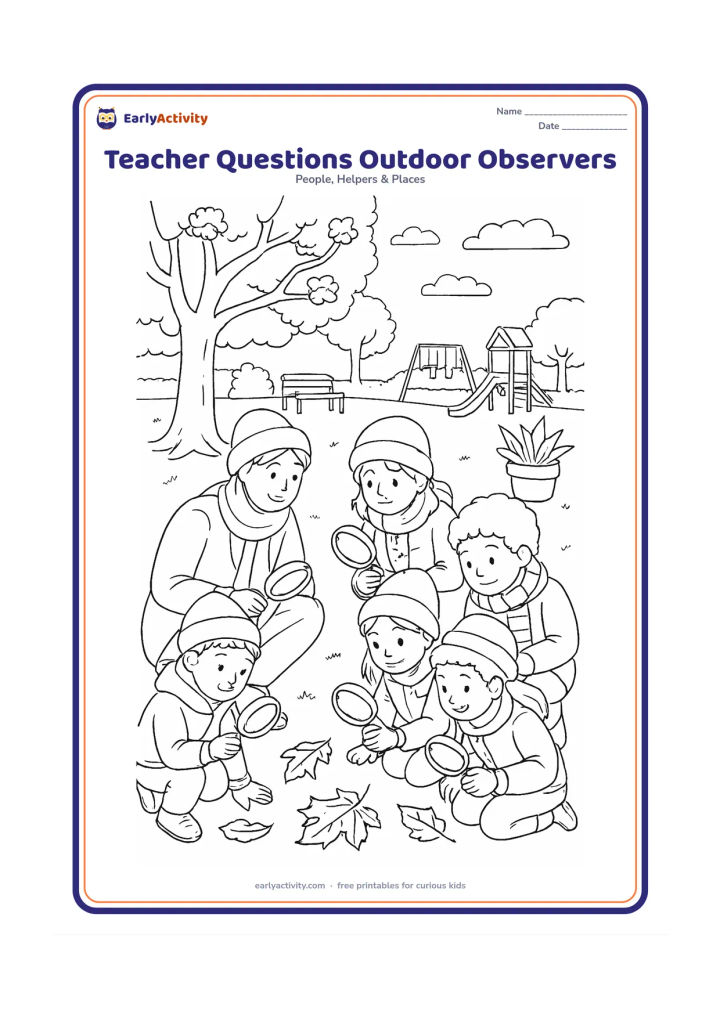 Colouring page: On a winter morning school lawn, a teacher crouches beside five children examining fallen leaves with magnifying glasses. Include a flowering tree, benches, potted plants, warm scarves…