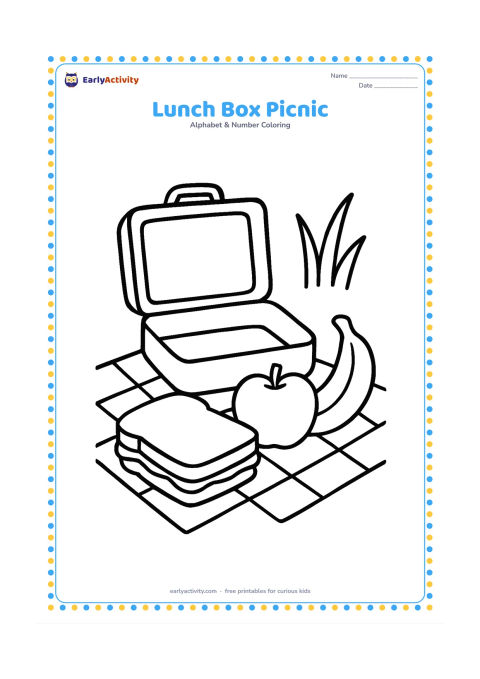 Colouring page: Draw an open lunch box with a sandwich, an apple and a banana beside it on a picnic cloth. Add two large simple blades of grass in the background.