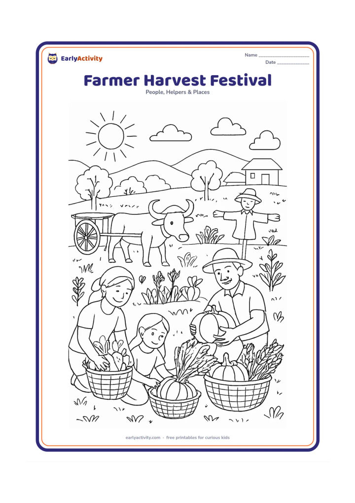 Colouring page: A farmer gathers a harvest with family members in a sunny field, placing pumpkins, grain bundles and vegetables into baskets. Include a bullock cart, scarecrow, trees, distant hills and…