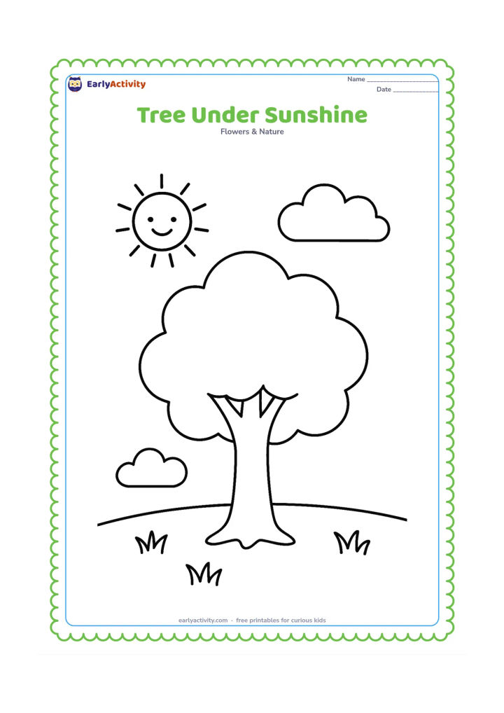 Colouring page: Draw a leafy tree with a thick trunk in an open meadow, a large smiling sun, two clouds, and three simple grass tufts. Leave broad areas around the tree for free colouring.
