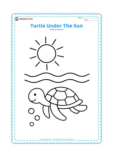 Colouring page: Draw a sea turtle floating below a large sun seen above the water, with two gentle wave lines and three round bubbles.