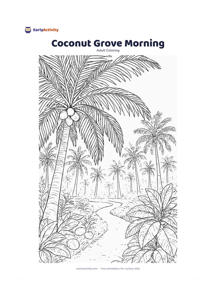 Colouring page: Show coconut palms at different distances beside a narrow path, with overlapping fronds, fallen coconuts, and low tropical plants. Include early morning rays suggested by clear open…
