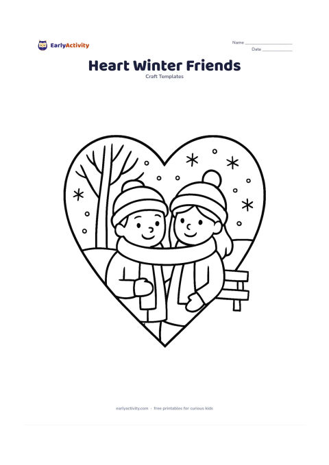 Worksheet: Draw a large heart frame containing two cheerful children in simple winter clothing sharing a warm scarf, with a bare tree, falling snowflakes and a small bench behind them. Keep the…