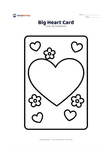 Worksheet: A large heart fills the front of a card, surrounded by a few smaller hearts and rounded flower shapes. Leave a wide blank area inside the heart for a child's personal message, with no…