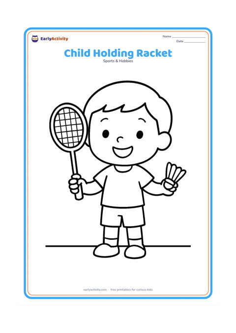 Colouring page: Draw a smiling child standing and holding a badminton racket in one hand, with a shuttlecock near the other hand. Include only a simple ground line and plenty of open space.