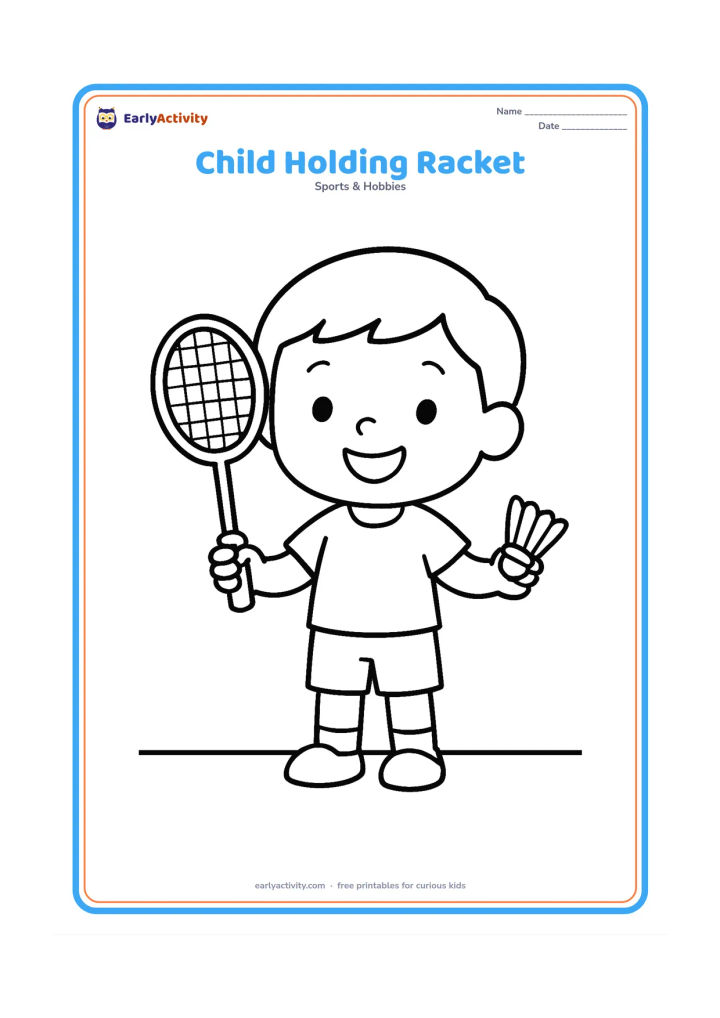 Colouring page: Draw a smiling child standing and holding a badminton racket in one hand, with a shuttlecock near the other hand. Include only a simple ground line and plenty of open space.
