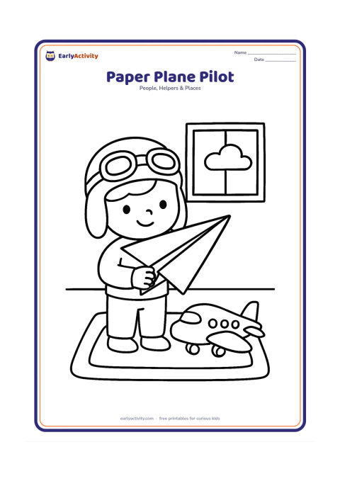 Colouring page: A young child wearing a pretend pilot cap holds a large paper aeroplane and stands beside a toy passenger plane. Add a simple bedroom rug, a window and one cloud outside.