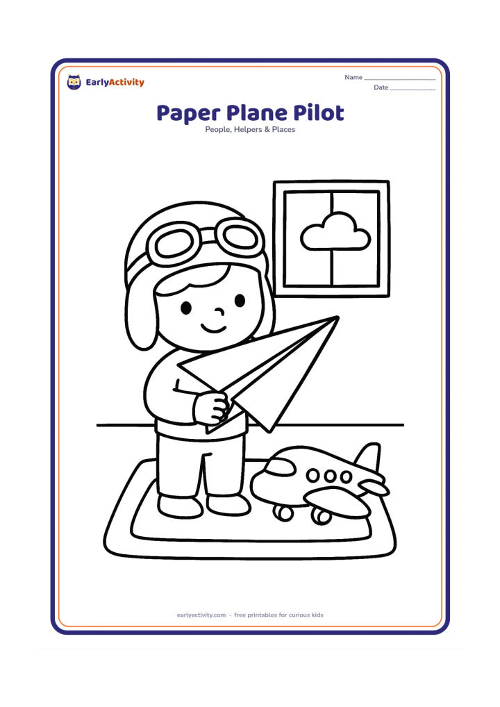 Colouring page: A young child wearing a pretend pilot cap holds a large paper aeroplane and stands beside a toy passenger plane. Add a simple bedroom rug, a window and one cloud outside.