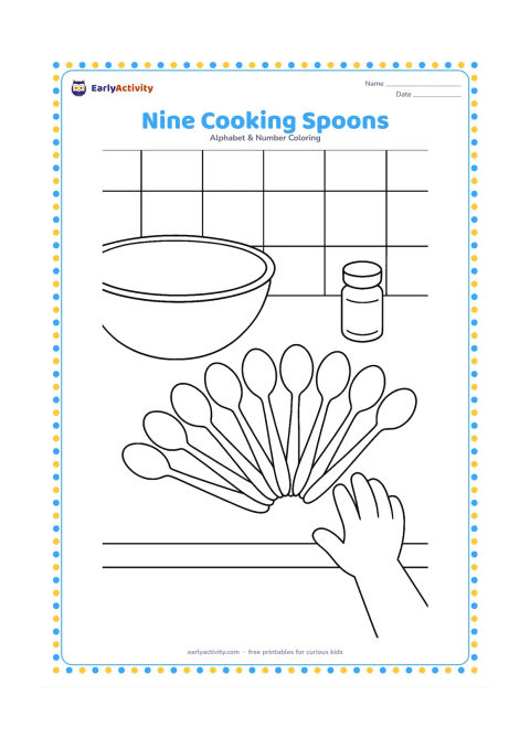 Colouring page: Draw exactly nine spoons in a neat fan beside a stainless-steel bowl on an Indian kitchen counter. Add a simple spice container, a tiled backsplash and a small hand reaching toward the…