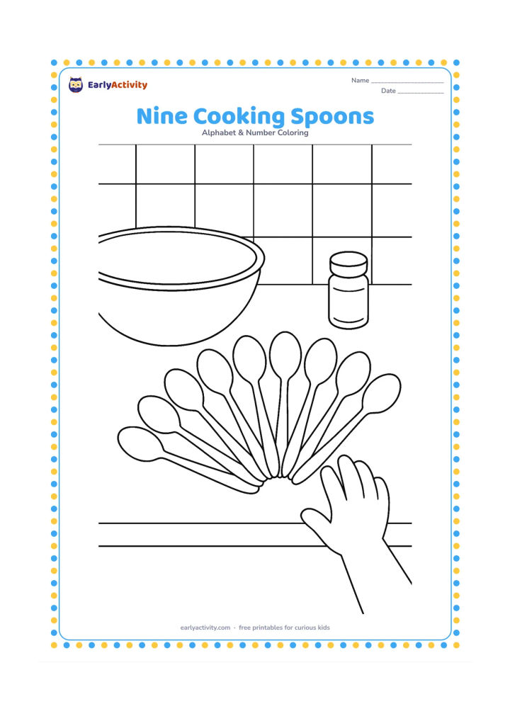 Colouring page: Draw exactly nine spoons in a neat fan beside a stainless-steel bowl on an Indian kitchen counter. Add a simple spice container, a tiled backsplash and a small hand reaching toward the…
