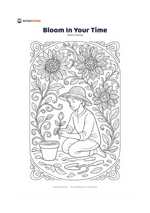 Colouring page: Several large flowers open at different stages around a calm seated gardener tending one young bud. Include a clay pot, garden tools, curling vines and a softly patterned circular border.