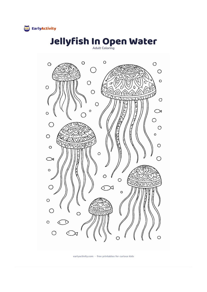 Colouring page: A group of peaceful jellyfish drifts through open water, with rounded bells, flowing tentacles, bubbles and tiny distant fish. Vary the sizes and directions to create a gentle sense of…