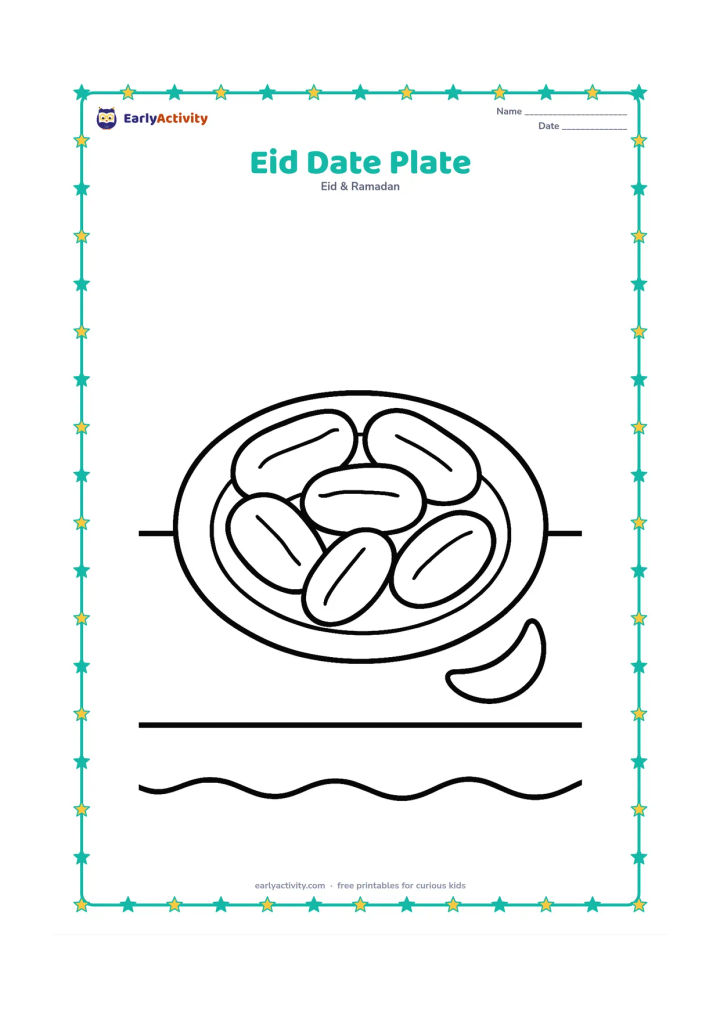 Colouring page: A round plate holds several large date fruits, with a small crescent decoration beside it. Add a simple table edge and one broad cloth shape.