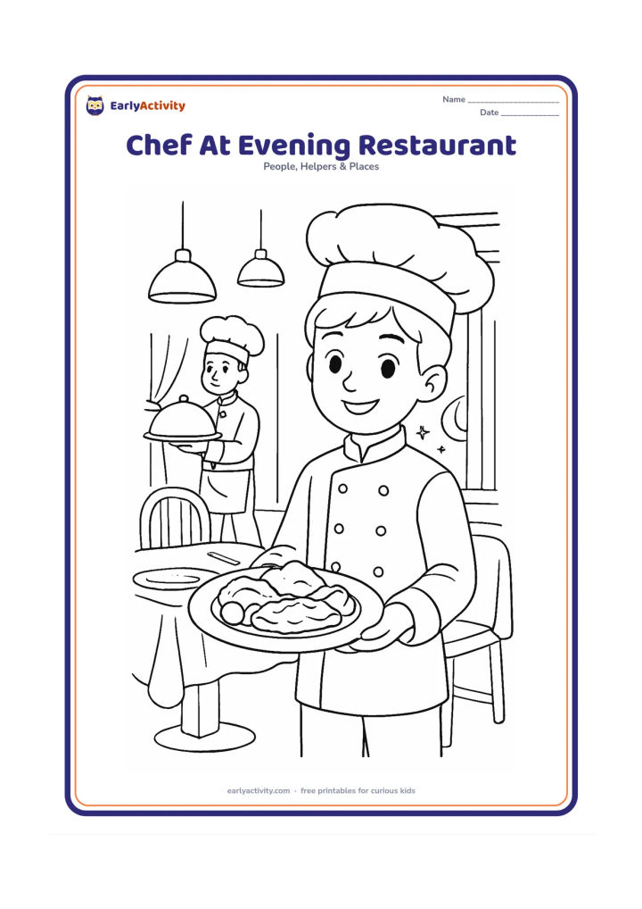 Colouring page: An older child chef presents a finished dinner plate at an evening restaurant table while another chef carries a covered serving dish behind them. Show hanging lights, chairs, curtains,…