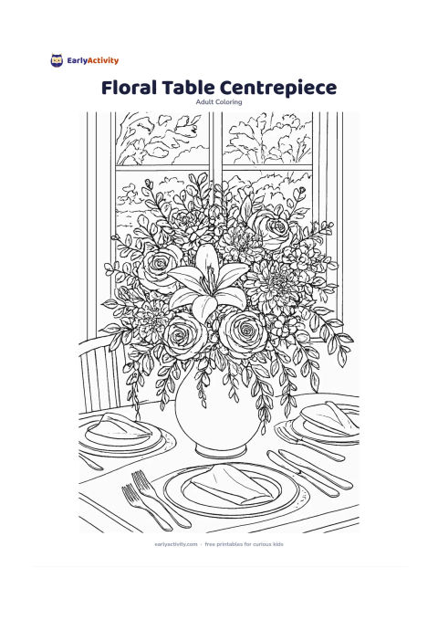 Colouring page: Draw a generous centrepiece of mixed flowers in a rounded vase on a dining table, with roses, lilies, chrysanthemums, eucalyptus leaves and trailing greenery. Add place settings, folded…
