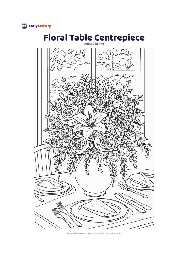 Colouring page: Draw a generous centrepiece of mixed flowers in a rounded vase on a dining table, with roses, lilies, chrysanthemums, eucalyptus leaves and trailing greenery. Add place settings, folded…