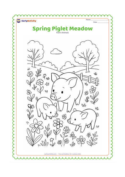 Colouring page: A mother pig and two piglets explore a spring meadow filled with varied wildflowers, young leafy trees and a winding fence. One piglet sniffs a flower while the mother watches.