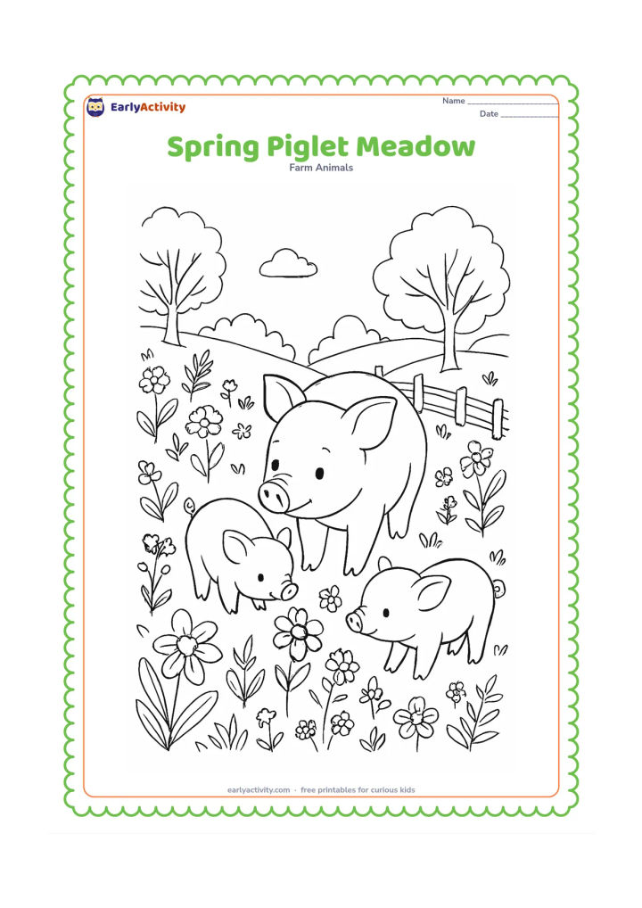 Colouring page: A mother pig and two piglets explore a spring meadow filled with varied wildflowers, young leafy trees and a winding fence. One piglet sniffs a flower while the mother watches.
