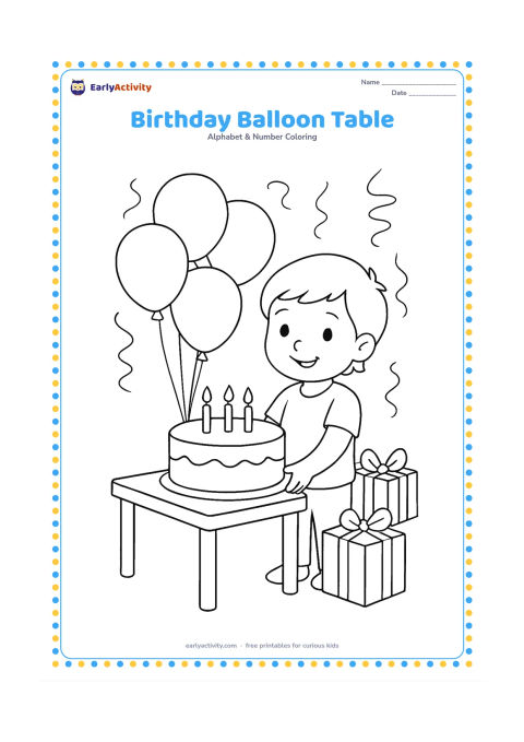Colouring page: Draw a child beside a table holding a plain round cake with candles and a cluster of unmarked balloons. Add wrapped gifts with blank surfaces and a few simple streamers, but no lettering…