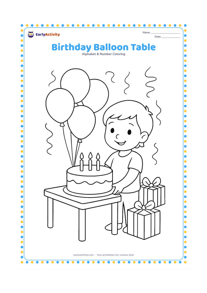 Colouring page: Draw a child beside a table holding a plain round cake with candles and a cluster of unmarked balloons. Add wrapped gifts with blank surfaces and a few simple streamers, but no lettering…