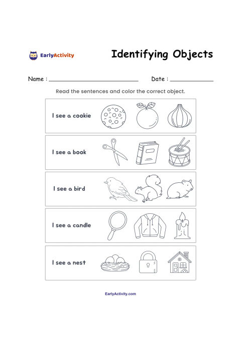 Worksheet with five rows of three outlined objects. Children read clues about a cookie, book, bird, candle and nest, then colour the matching item.